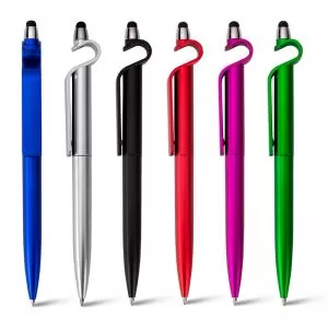 Caneta Plástica com Ponteira Touch e Suporte para Celular Personalizada | Dimensões (L x A x P): 1.9 x 16.1 x 1.1 | Peso = 10 g
