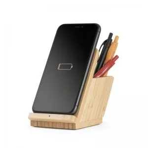 Carregador por indução wireless em bambu Personalizado | Dimensões (L x A x P): 7.8 x 11.8 x 7.5 | Peso = 191 g