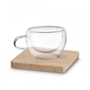 Conjunto de 2 Xícaras de Vidro e Base em Bambu Personalizado | Dimensões (L x A x P): 5.0 x 5.6 x 5.0 | Peso = 275 g