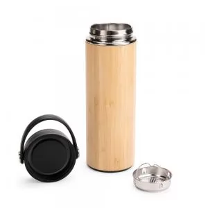 Garrafa Térmica Revestida em Bambu Personalizada | Dimensões (L x A x P): 8.1 x 21.0 x 8.1 | Peso = 325 g